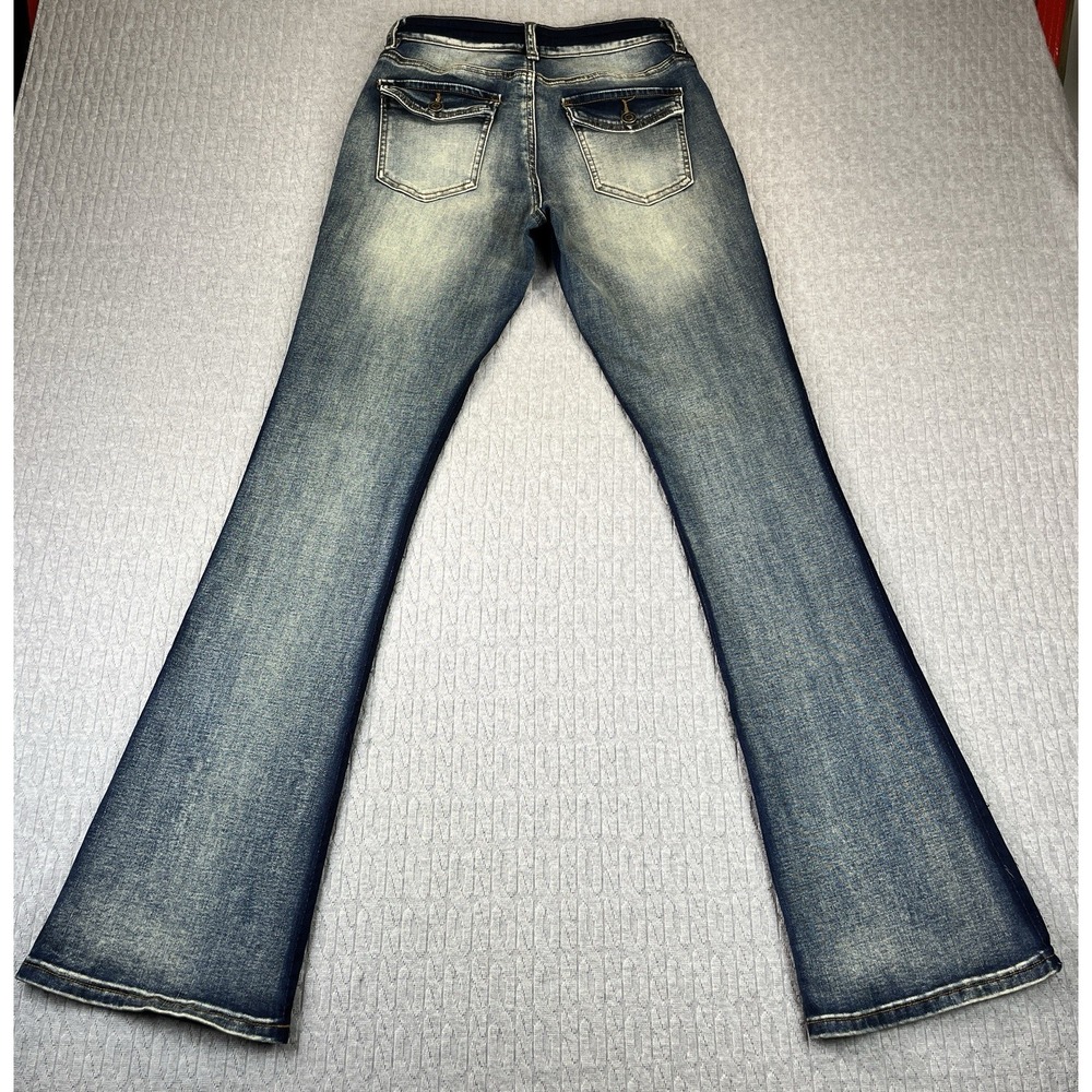 Fashion Nova Bootcut Jeans Women 3/26x32 Blue Flare Flap Pocket Acid Wash